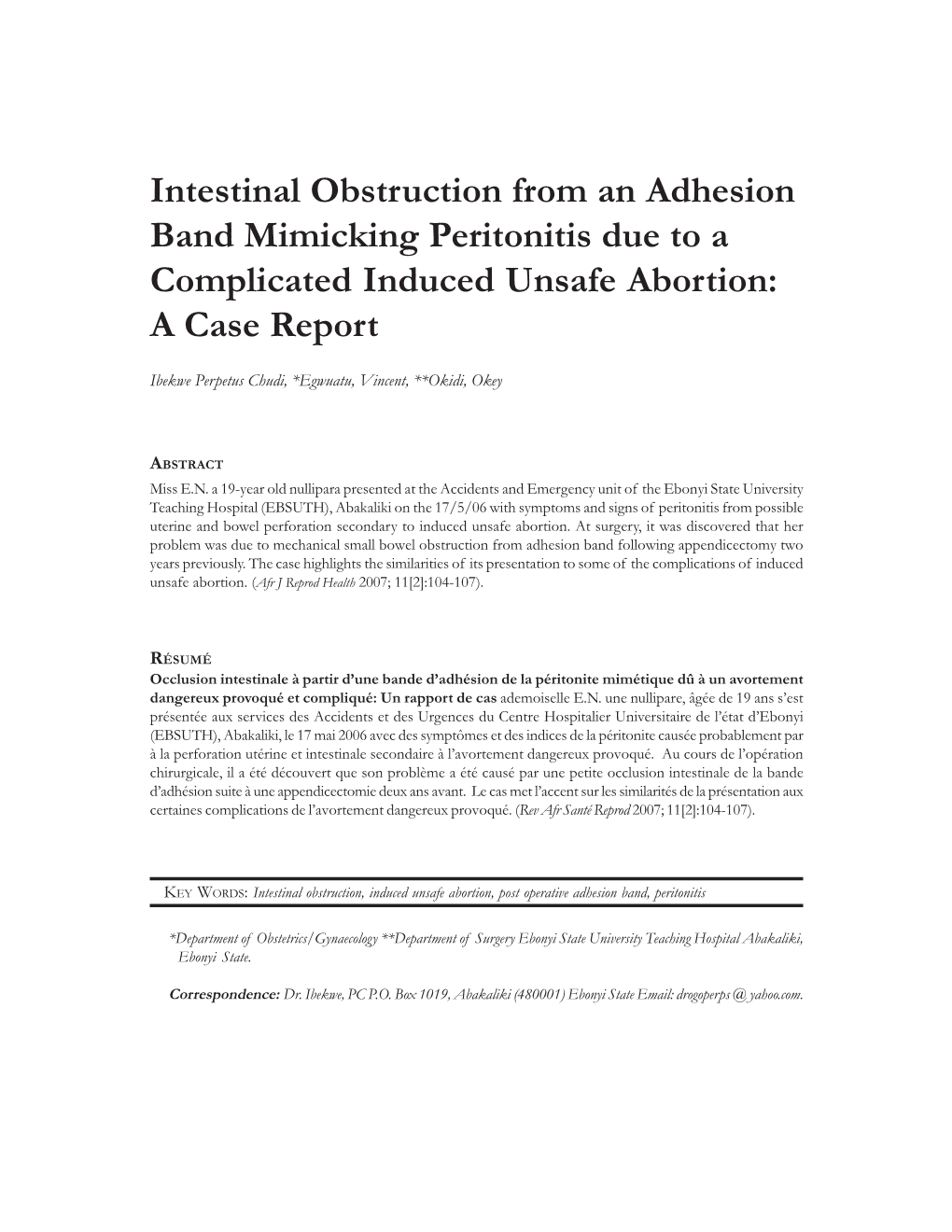 Intestinal Obstruction from an Adhesion Band Mimicking Peritonitis Due to a Complicated Induced Unsafe Abortion: a Case Report