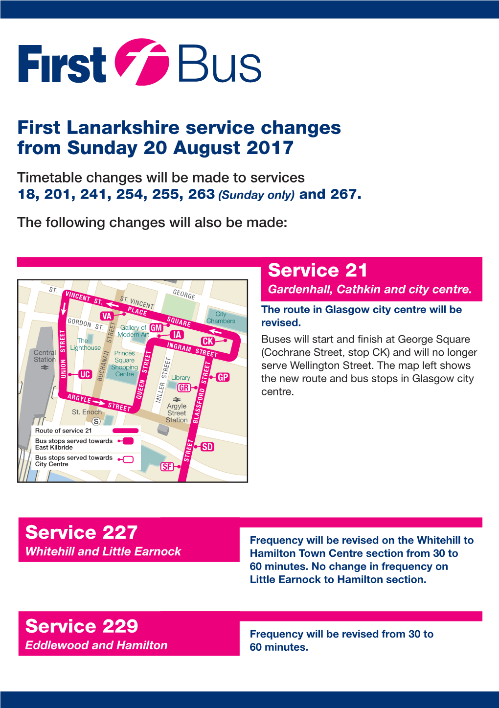 First Lanarkshire Service Changes from Sunday 20 August 2017