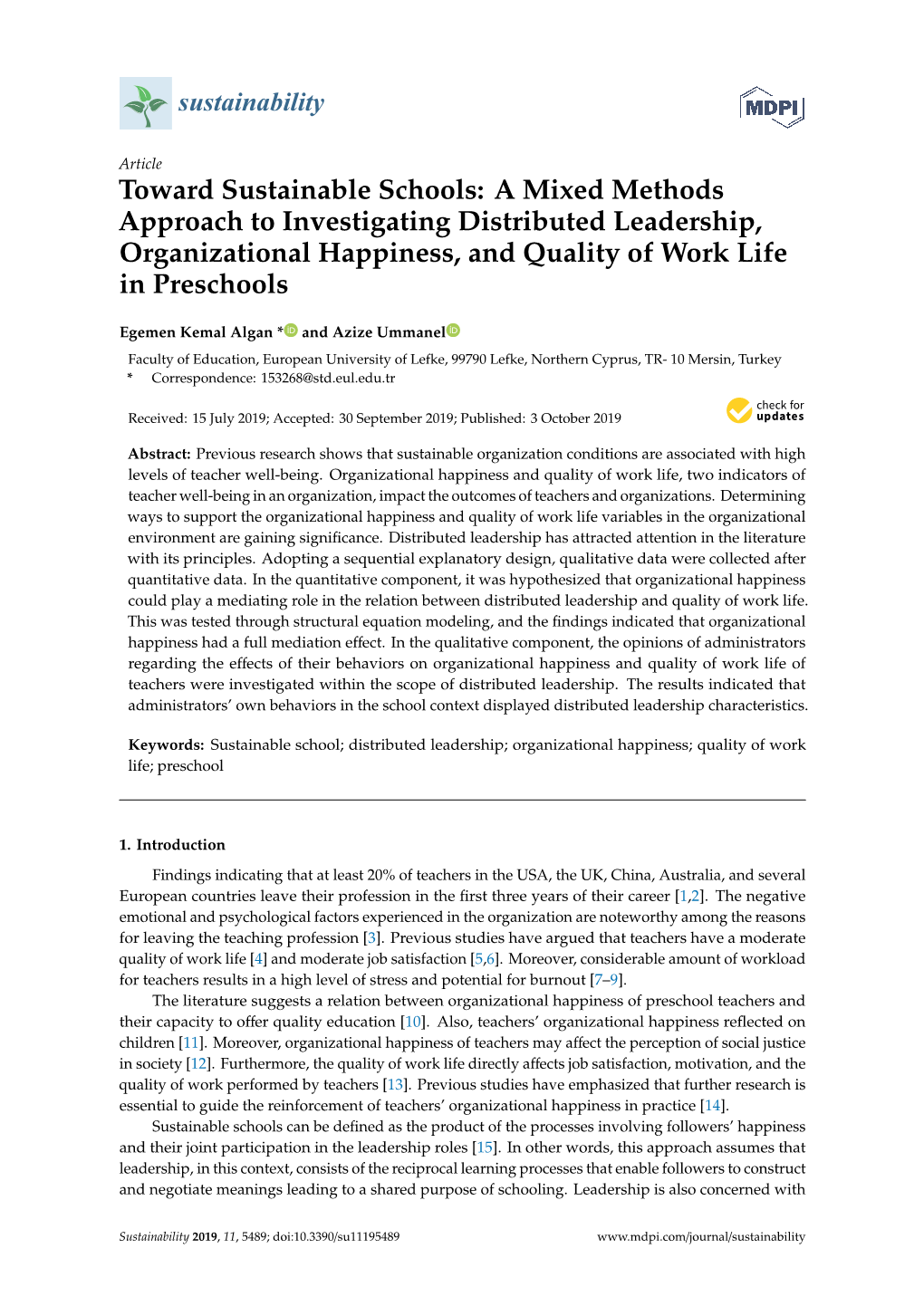 Toward Sustainable Schools: a Mixed Methods Approach to Investigating Distributed Leadership, Organizational Happiness, and Quality of Work Life in Preschools