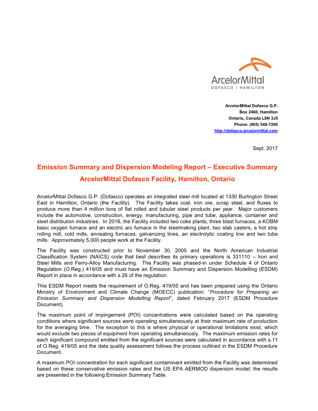 Emission Summary and Dispersion Modeling Report – Executive Summary Arcelormittal Dofasco Facility, Hamilton, Ontario