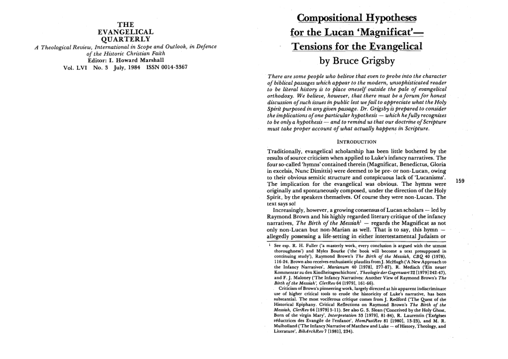 Magnificat'­ QUARTERLY a Theological Review, International in Scope and Outlook, in Defence Tensions for the Evangelical of the Historic Christian Faith Editor: I