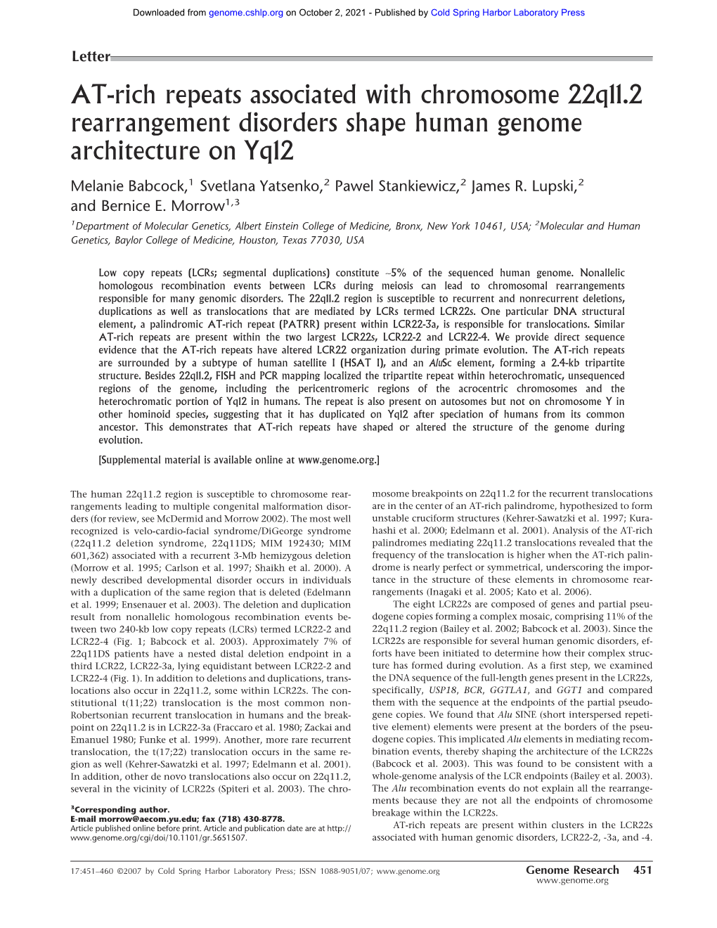 AT-Rich Repeats Associated with Chromosome 22Q11.2 Rearrangement Disorders Shape Human Genome Architecture on Yq12