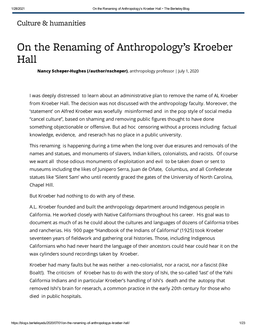 On the Renaming of Anthropology's Kroeber Hall