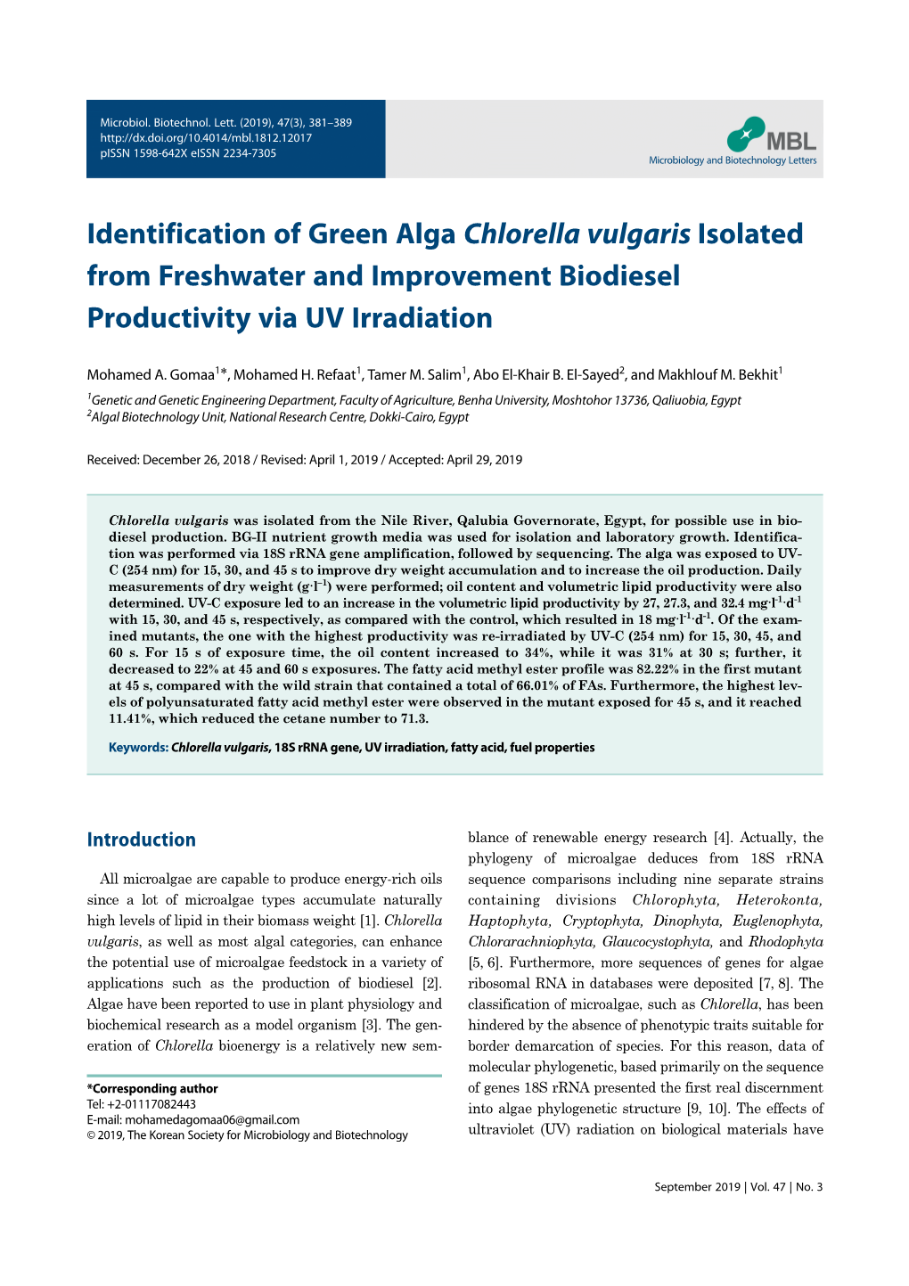 Identification of Green Alga Chlorella Vulgaris Isolated from Freshwater and Improvement Biodiesel Productivity Via UV Irradiation