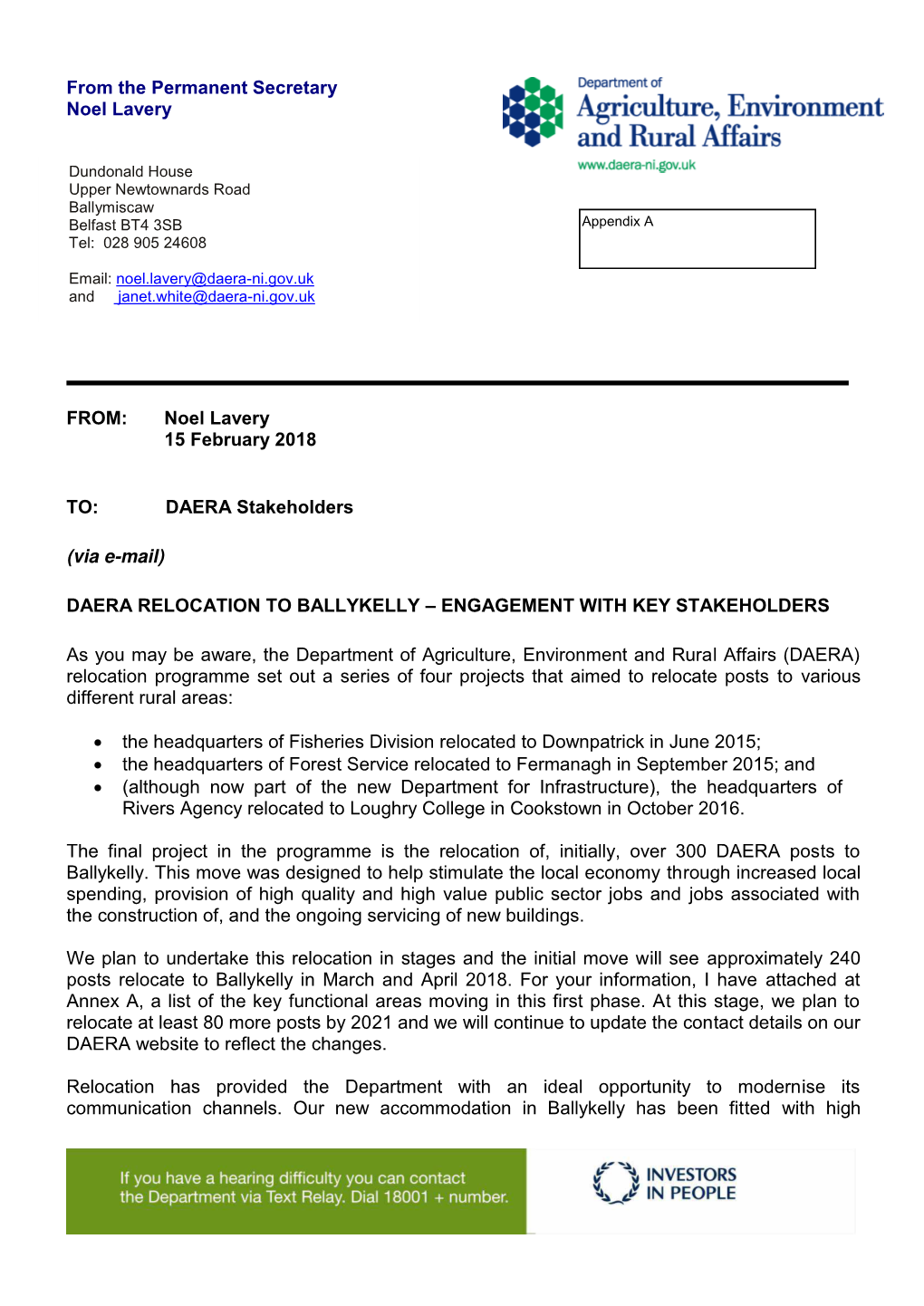 Noel Lavery 15 February 2018 TO: DAERA Stakeholders (Via E-Mail)