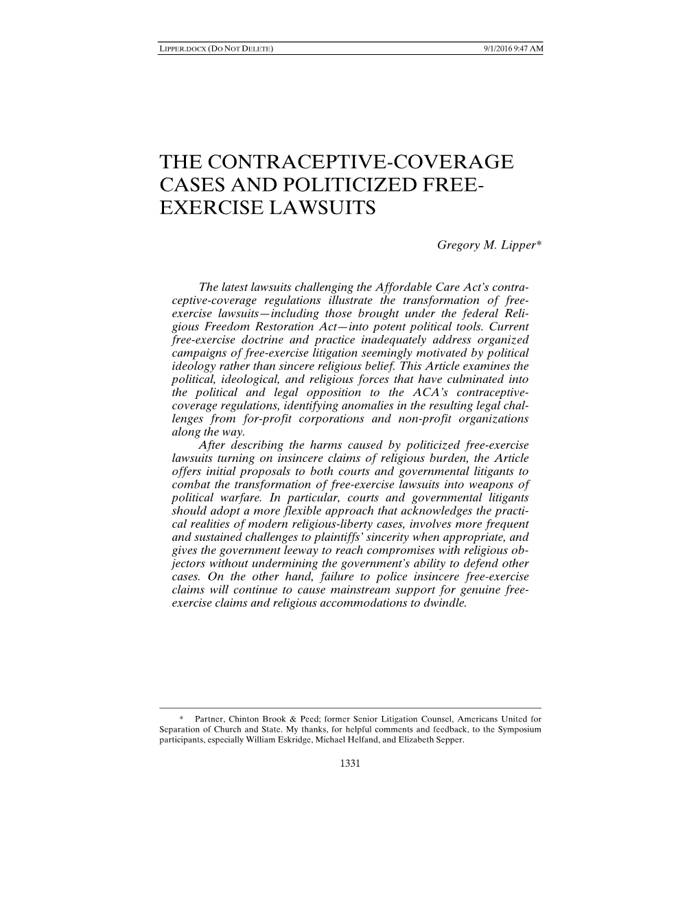 The Contraceptive-Coverage Cases and Politicized Free-Exercise Lawsuits