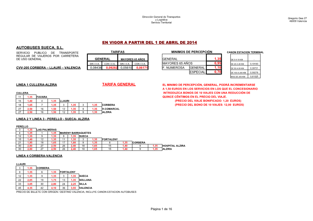 En Vigor a Partir Del 1 De Abril De 2014 Autobuses Sueca, S.L. Tarifa General