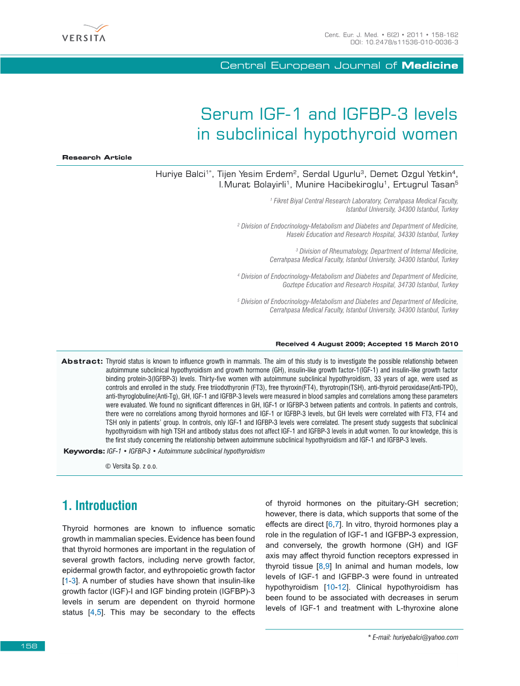 Serum IGF-1 and IGFBP-3 Levels in Subclinical Hypothyroid Women