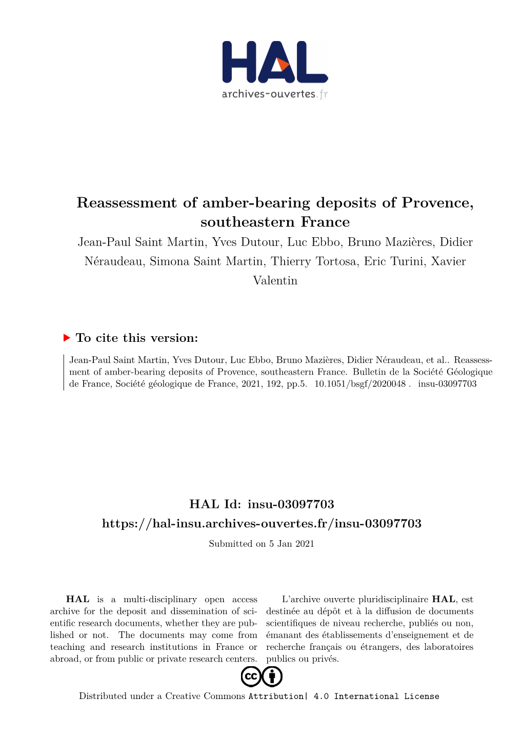 Reassessment of Amber-Bearing Deposits of Provence