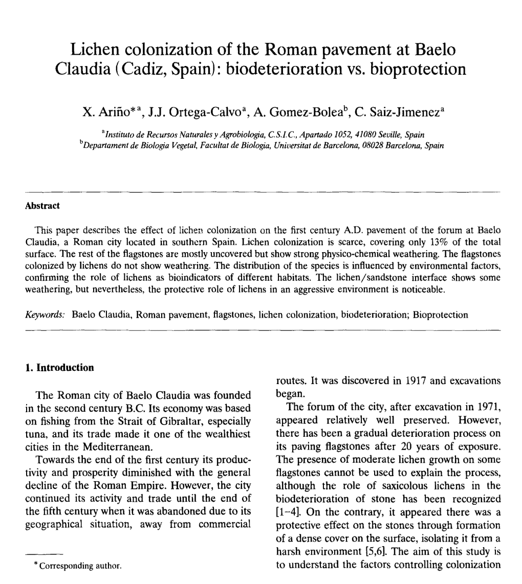 Lichen Colonization of the Roman Pavement at Baelo Claudia ( Cadiz, Spain): Biodeterioration Vs