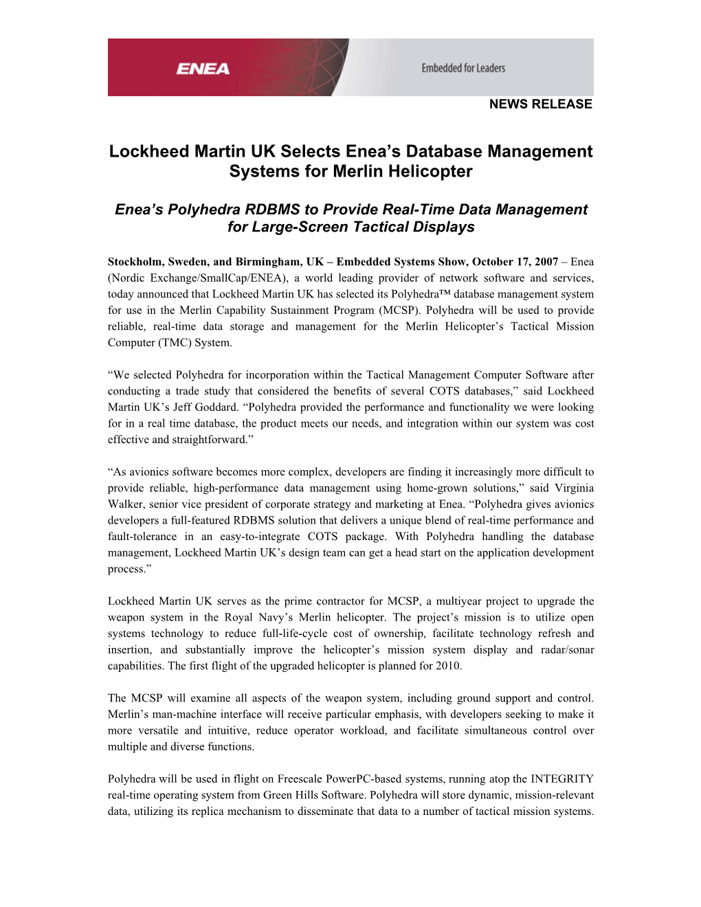 Lockheed Martin UK Selects Enea's Database Management