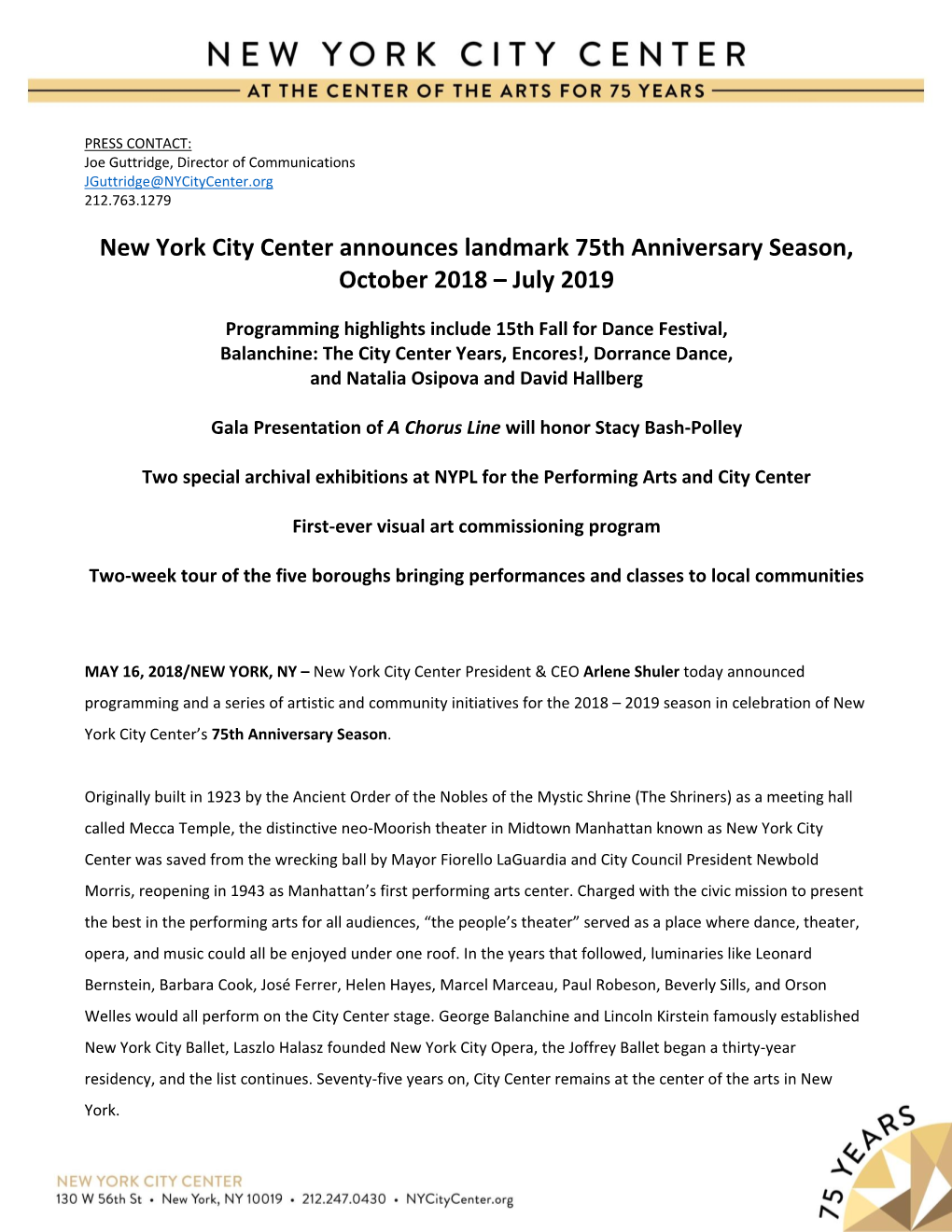 New York City Center Announces Landmark 75Th Anniversary Season, October 2018 – July 2019