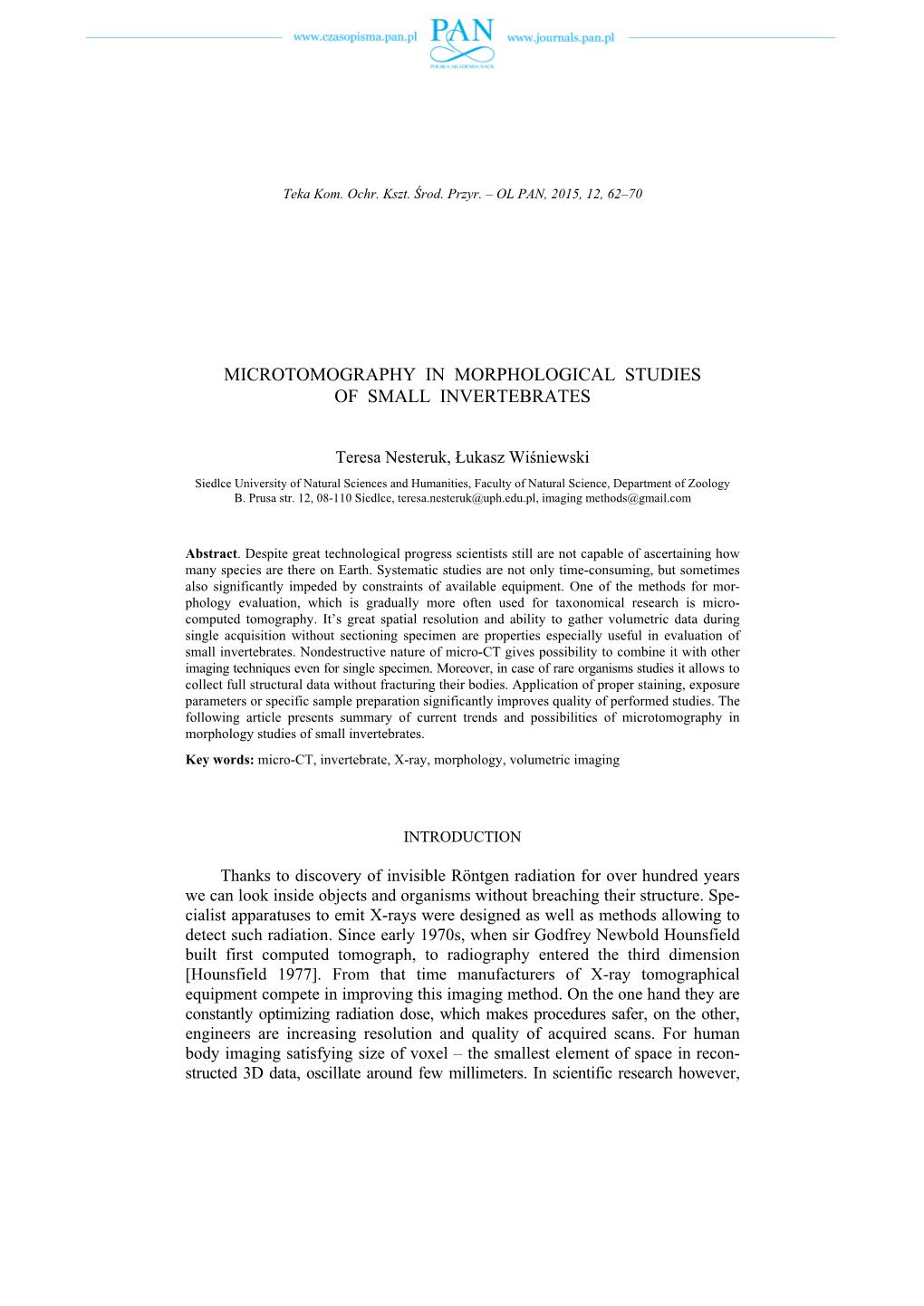 Microtomography in Morphological Studies of Small Invertebrates