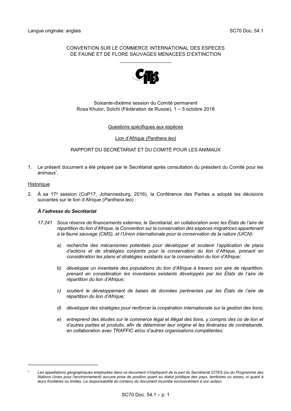 SC70 Doc. 54.1 – P. 1 Langue Originale: Anglais SC70 Doc. 54.1