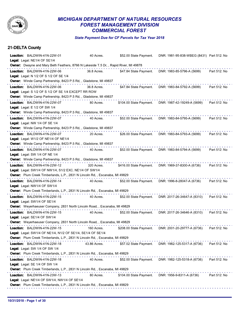 MICHIGAN DEPARTMENT of NATURAL RESOURCES FOREST MANAGEMENT DIVISION COMMERCIAL FOREST State Payment Due for CF Parcels for Tax Year 2018