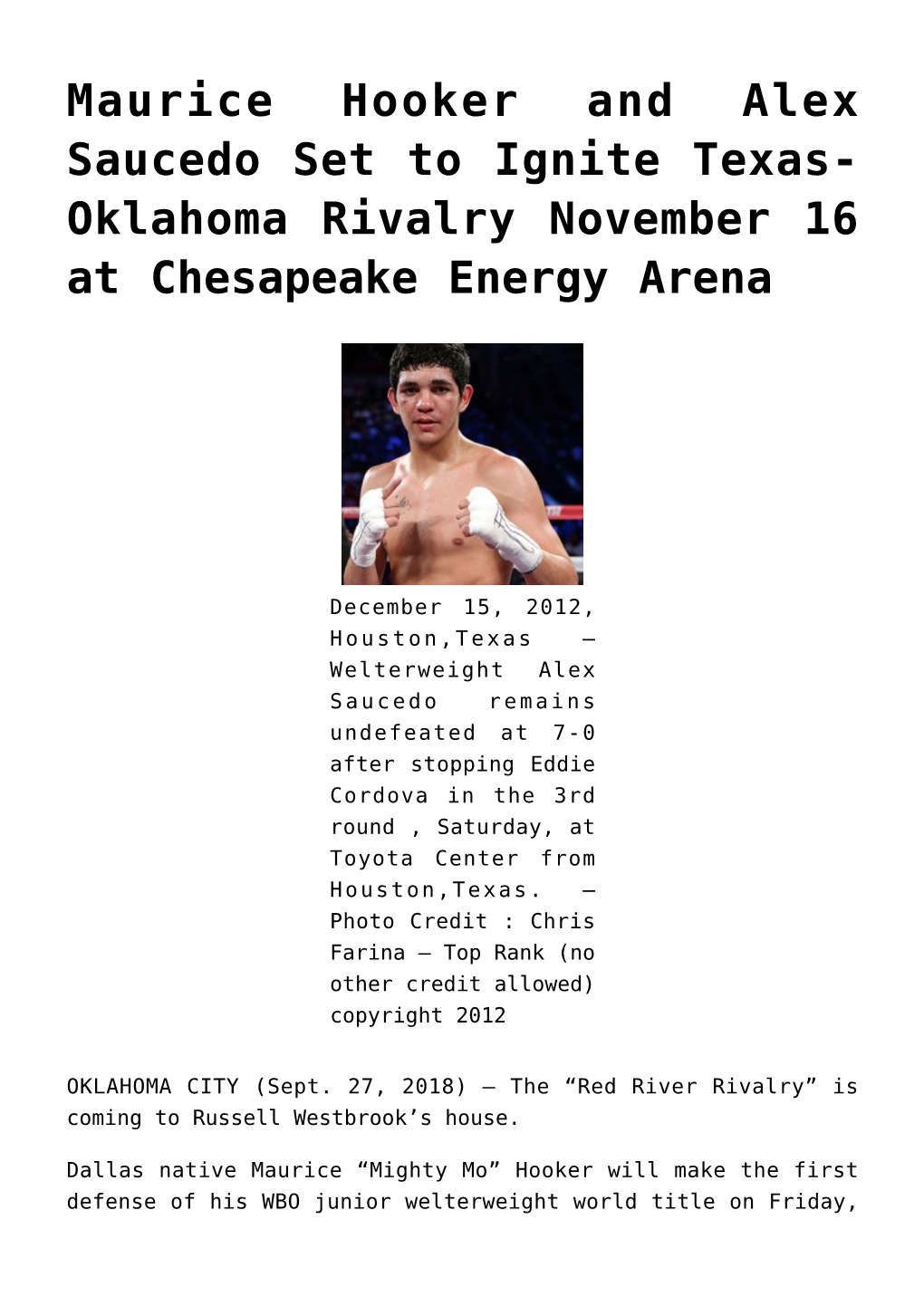 Maurice Hooker and Alex Saucedo Set to Ignite Texas- Oklahoma Rivalry November 16 at Chesapeake Energy Arena