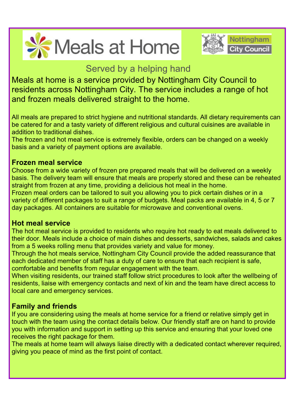 Served by a Helping Hand Meals at Home Is a Service Provided by Nottingham City Council to Residents Across Nottingham City