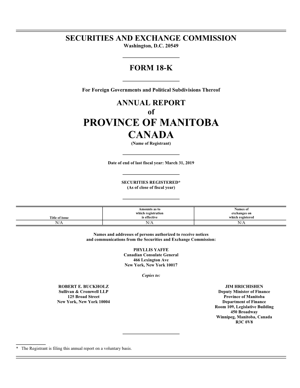 PROVINCE of MANITOBA CANADA (Name of Registrant)