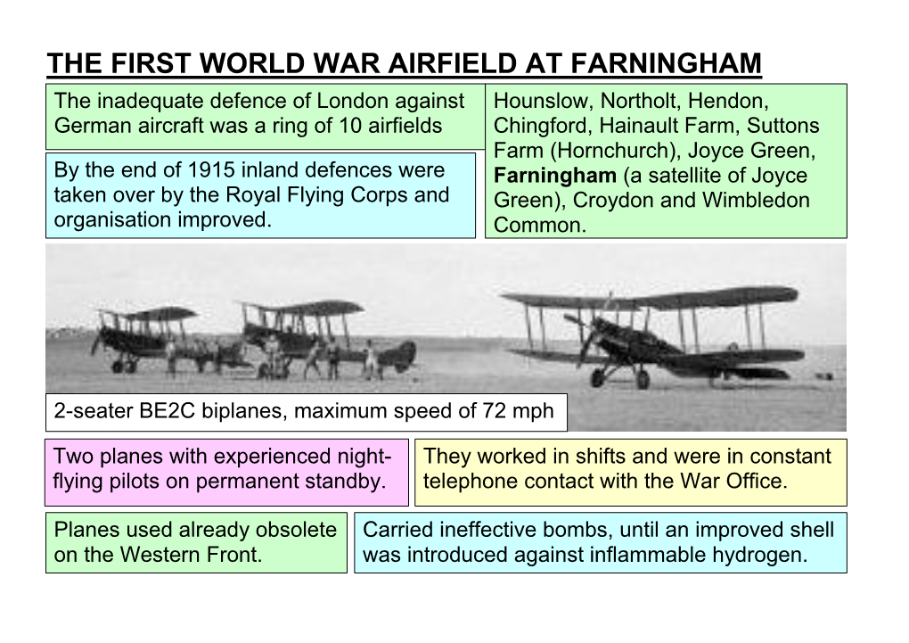 THE FIRST WORLD WAR AIRFIELD at FARNINGHAM the Inadequate Defence of London Against Hounslow, Northolt, Hendon