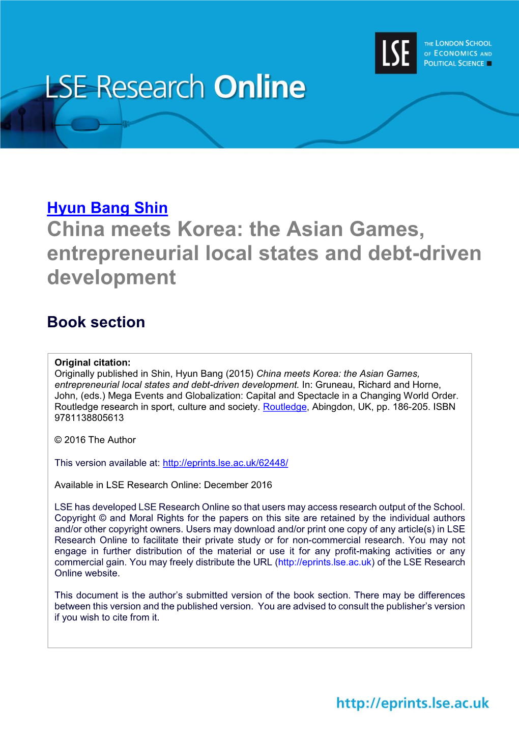 China Meets Korea: the Asian Games, Entrepreneurial Local States and Debt-Driven Development