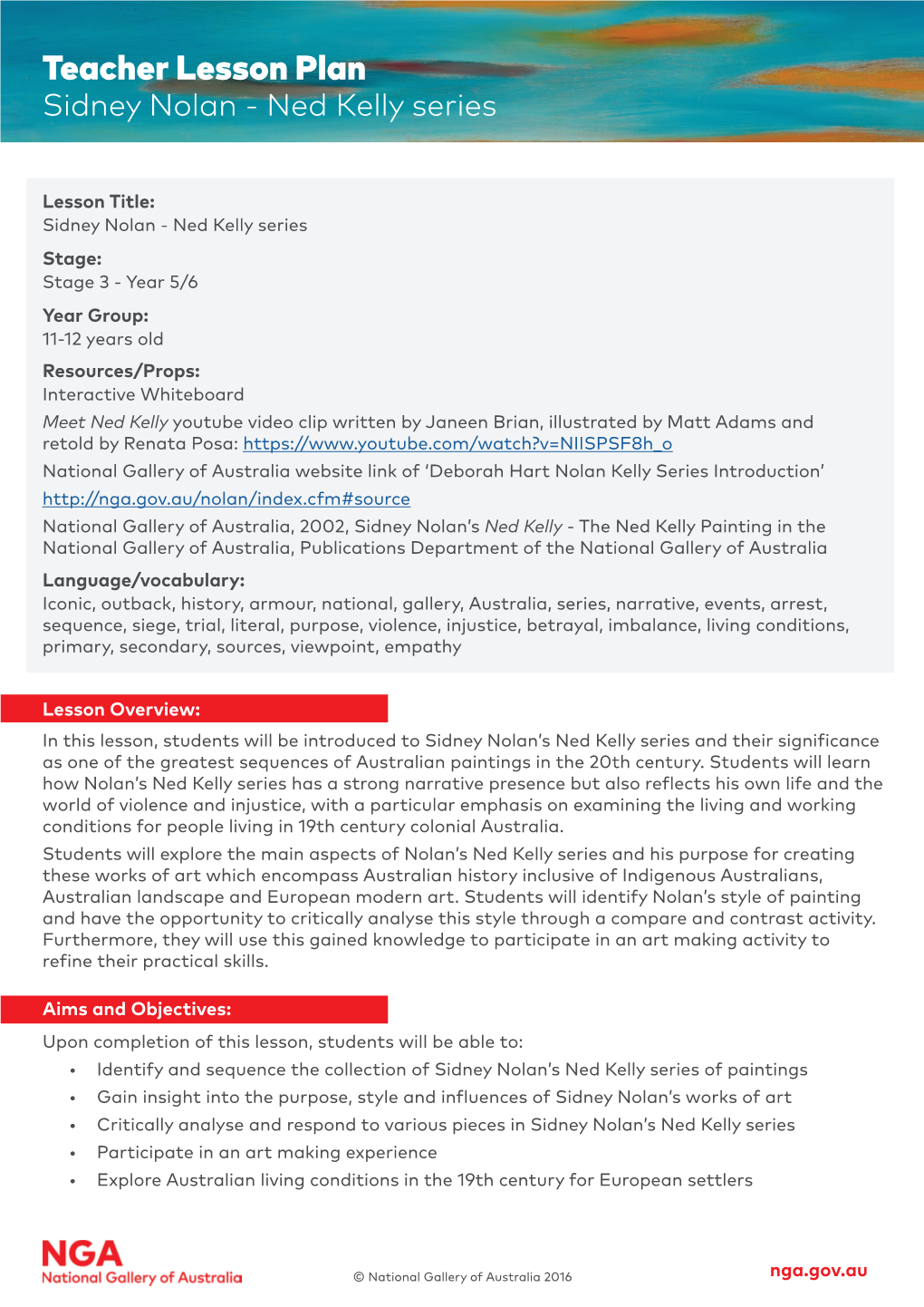 Sidney Nolan's Ned Kelly Lesson Plan