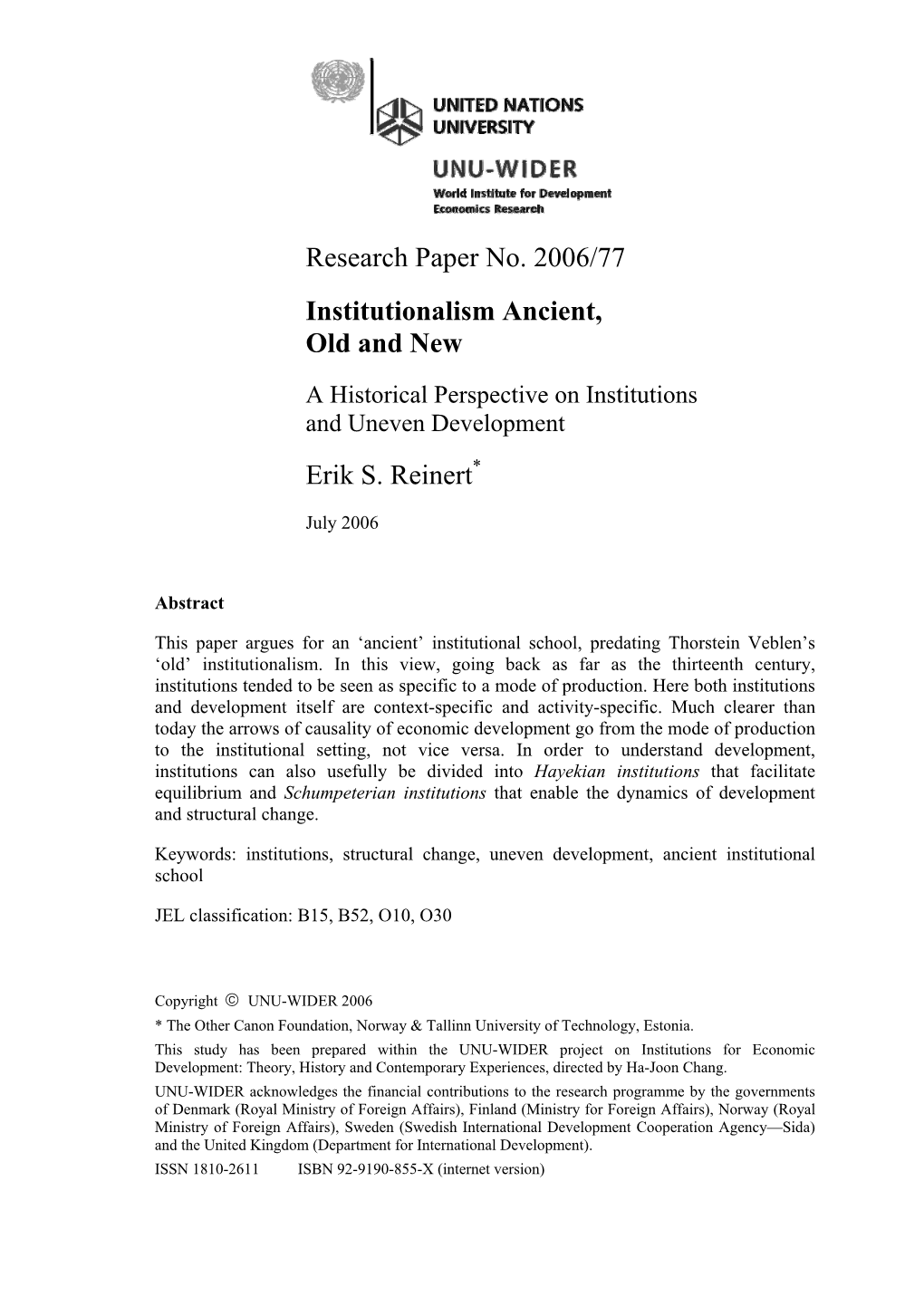 WIDER Research Paper 2006-77 Institutionalism