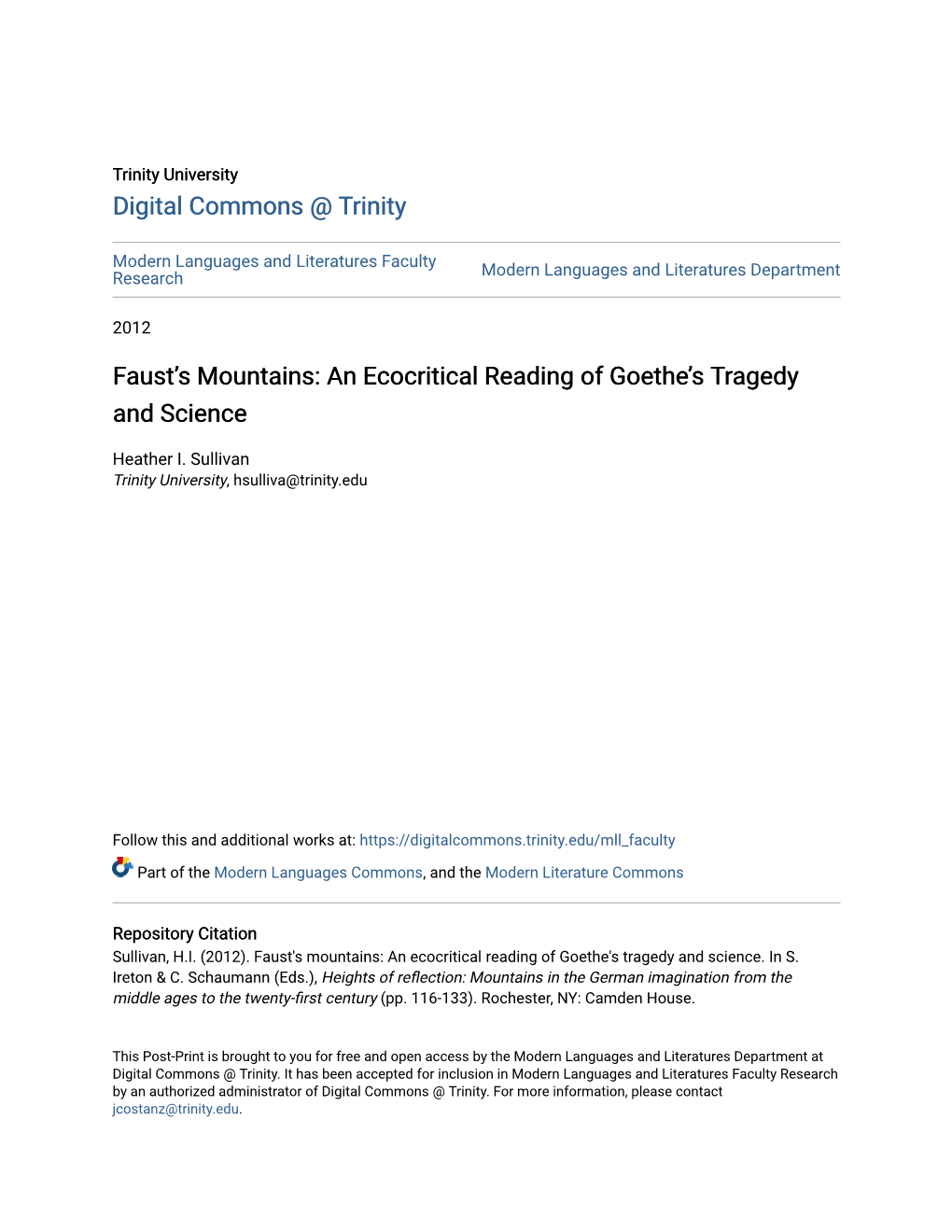 Faust's Mountains: an Ecocritical Reading of Goethe's Tragedy and Science