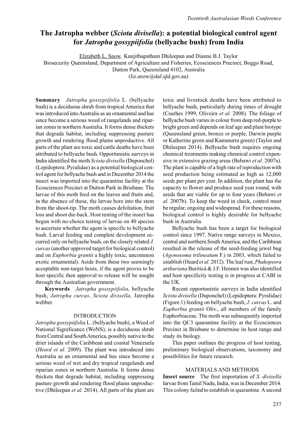 The Jatropha Webber (Sciota Divisella): a Potential Biological Control Agent for Jatropha Gossypiifolia (Bellyache Bush) from India