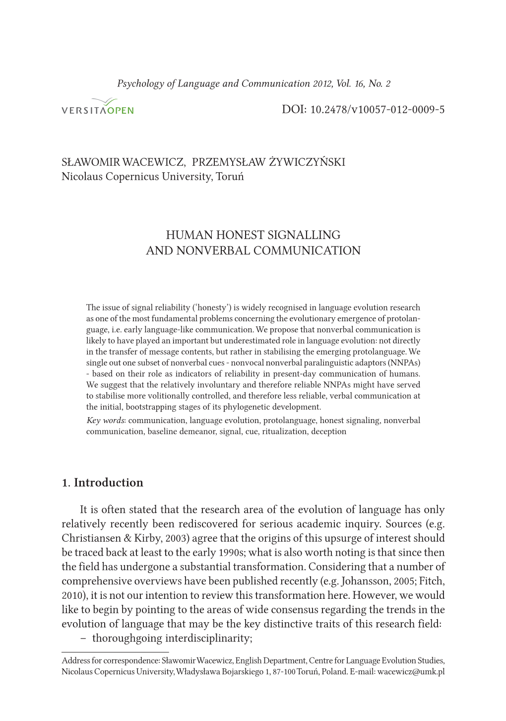 Human Honest Signalling and Nonverbal Communication