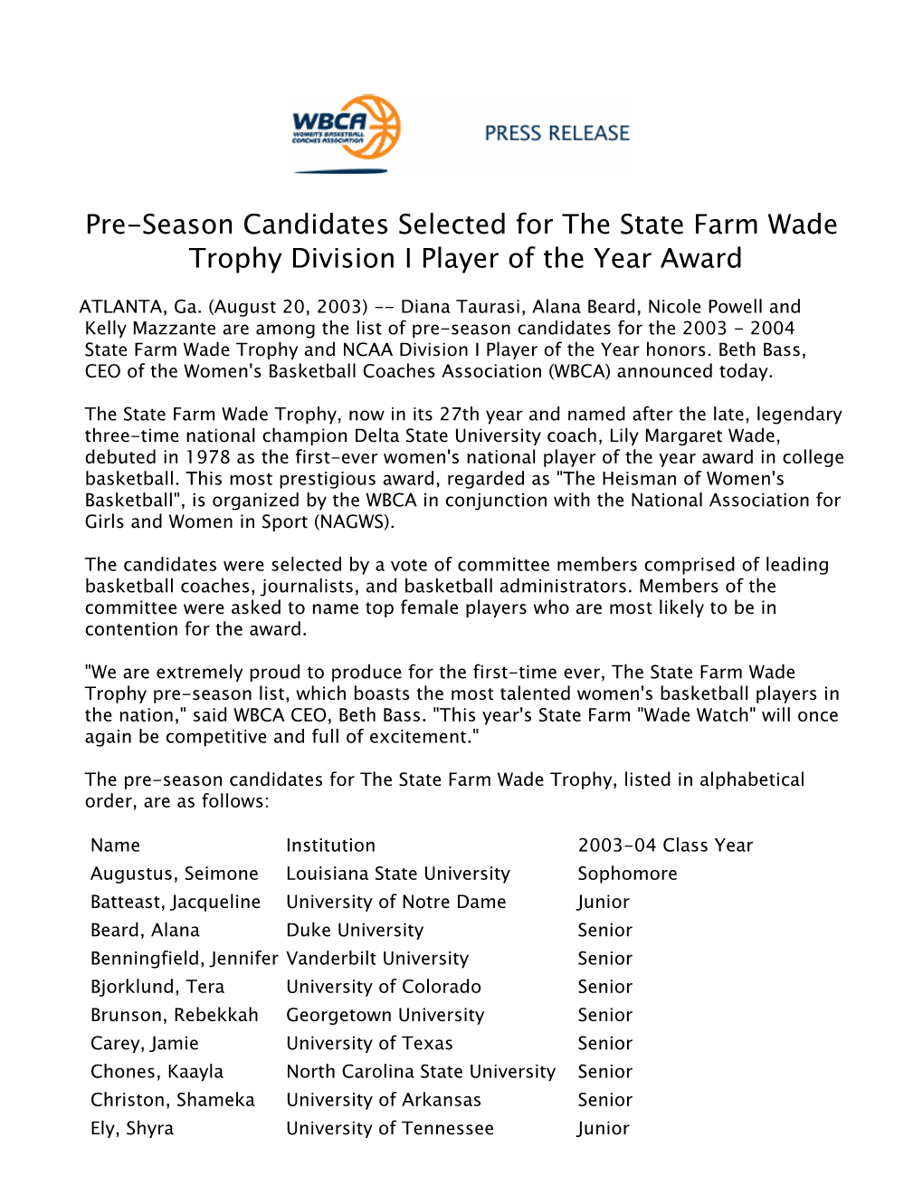 Pre-Season Candidates Selected for the State Farm Wade Trophy Division I Player of the Year Award