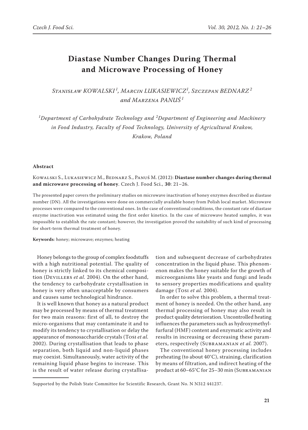 Diastase Number Changes During Thermal and Microwave Processing of Honey