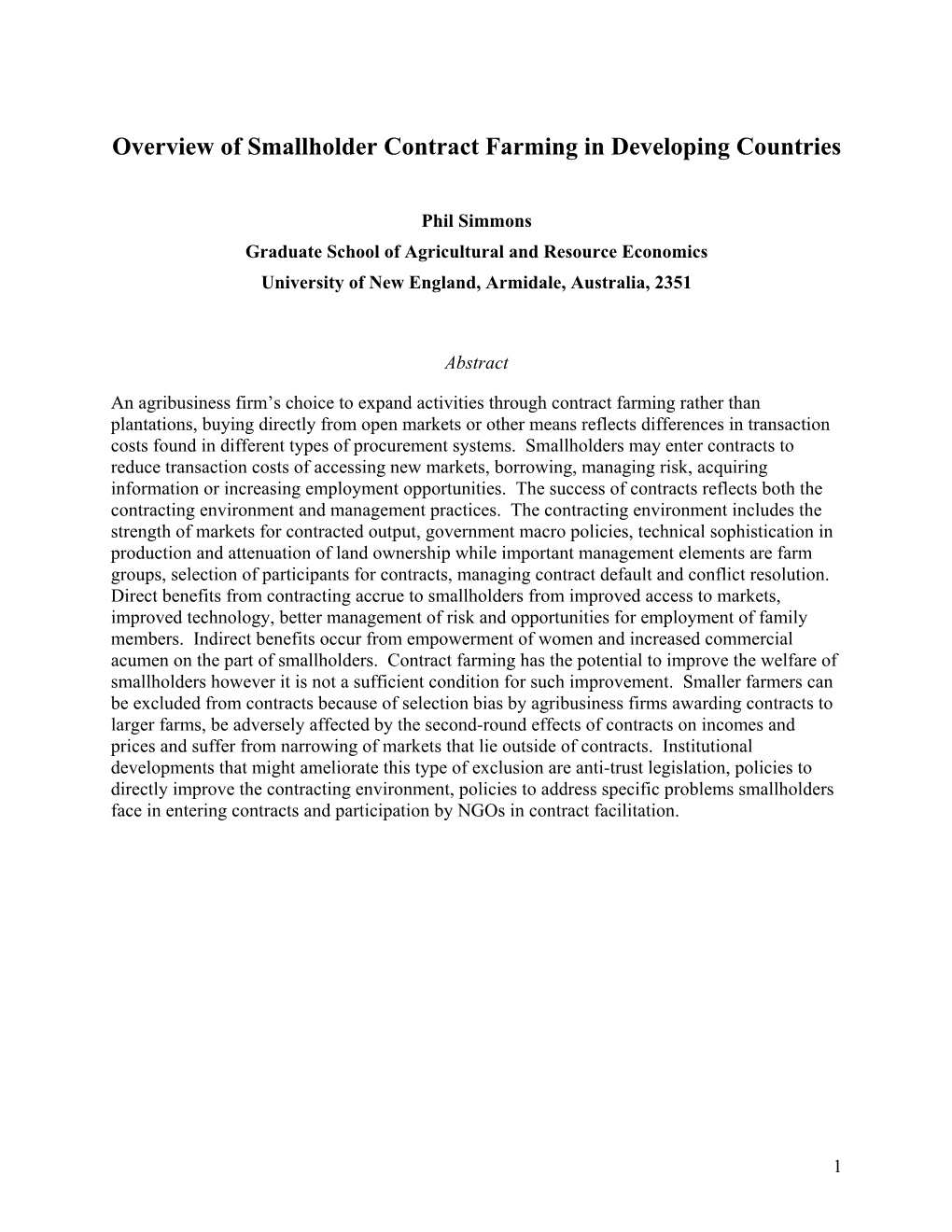 Overview of Smallholder Contract Farming in Developing Countries