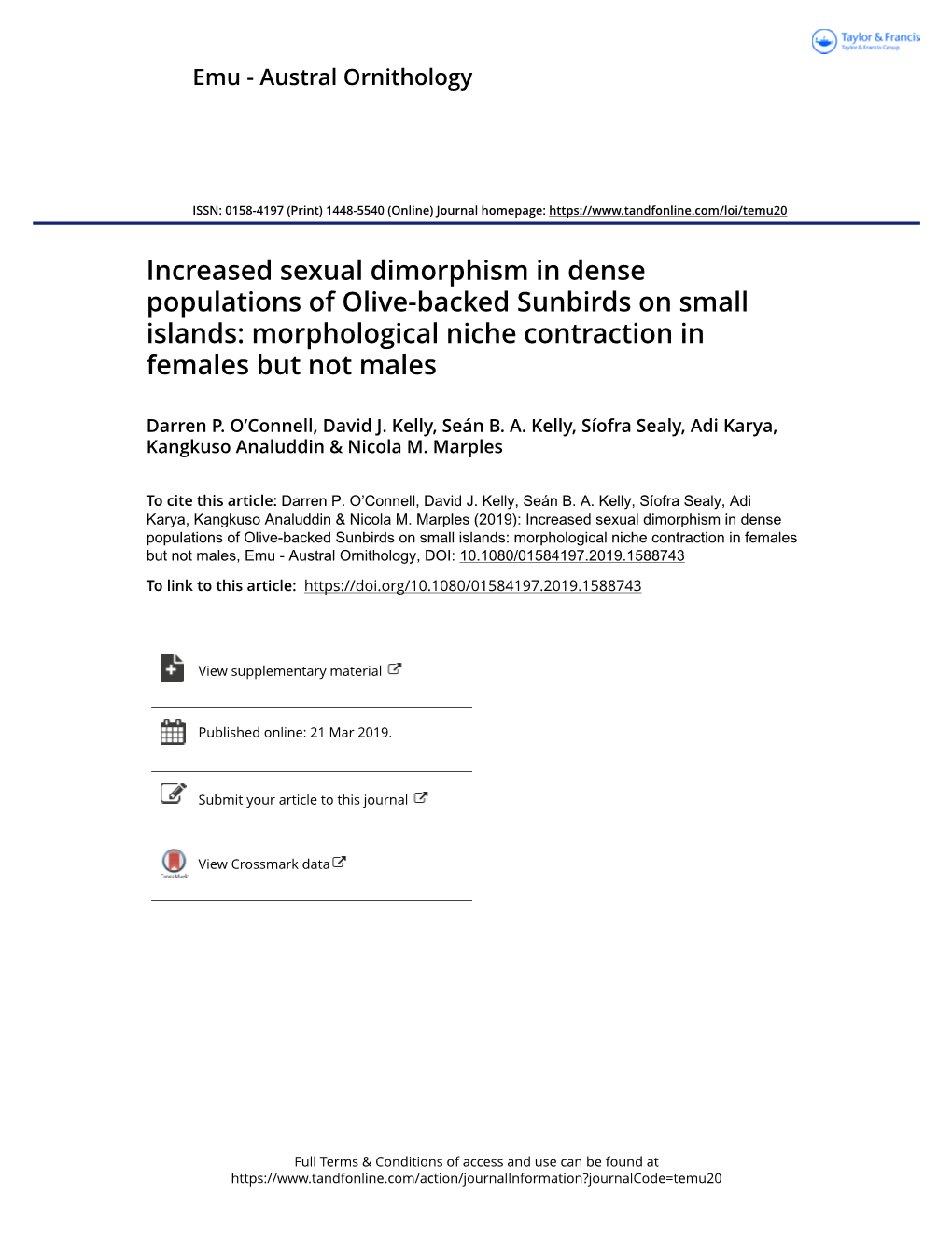Increased Sexual Dimorphism in Dense Populations of Olive-Backed Sunbirds on Small Islands: Morphological Niche Contraction in Females but Not Males