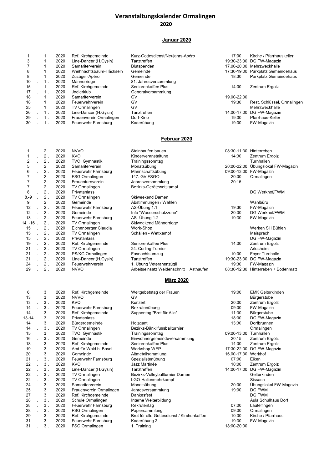 Veranstaltungskalender Ormalingen 2020