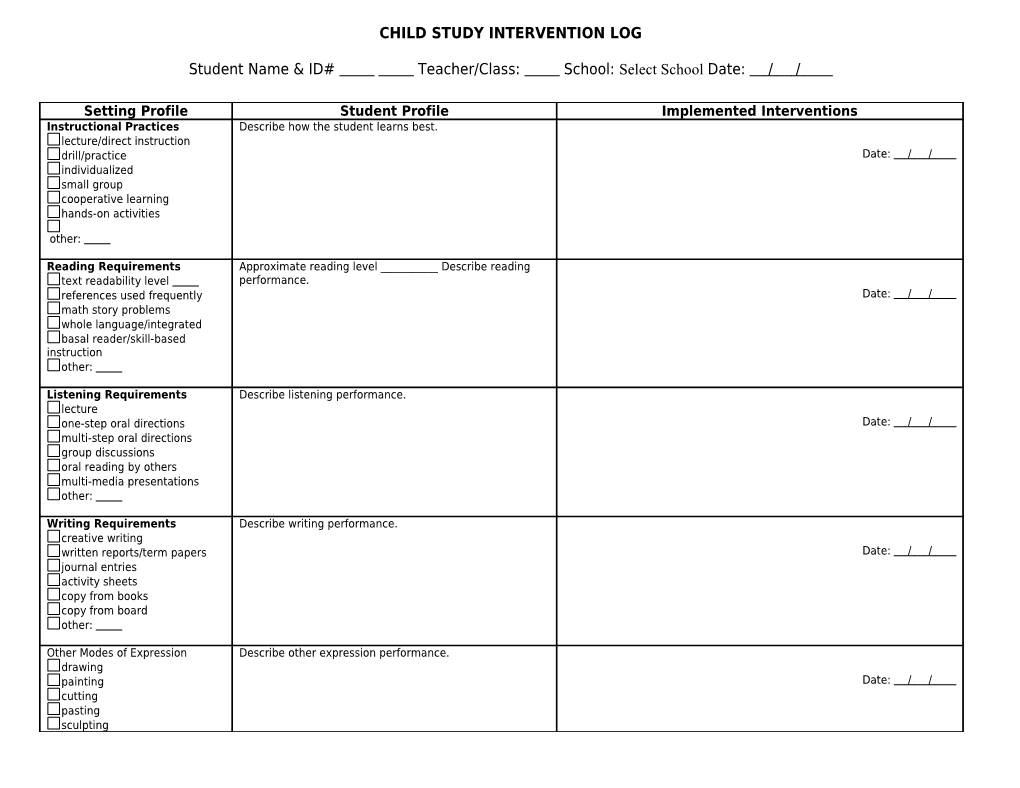 Child Study Intervention Log