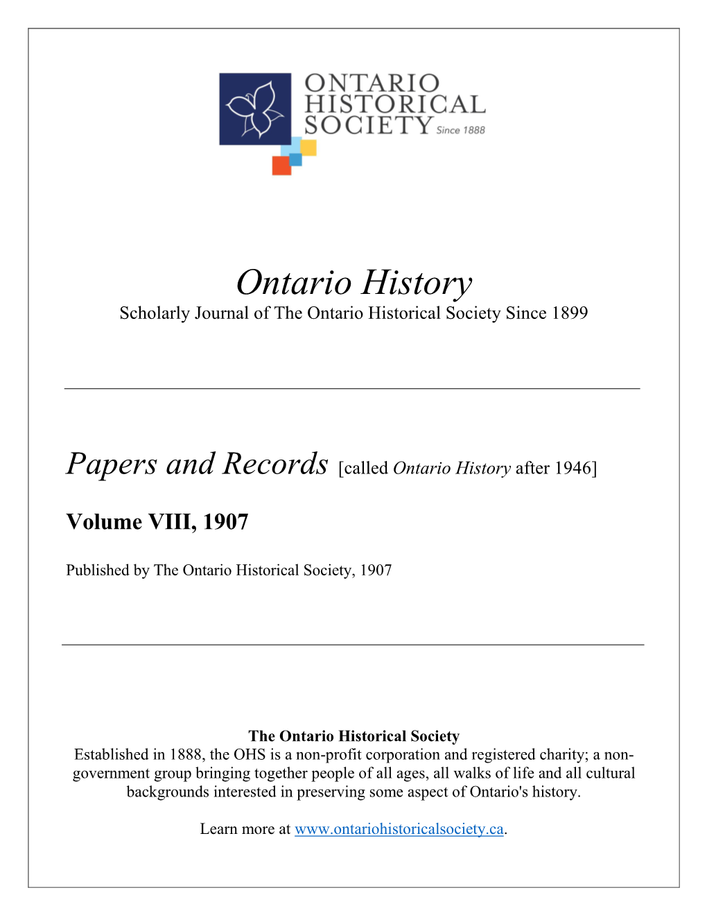 Ontario History Scholarly Journal of the Ontario Historical Society Since 1899