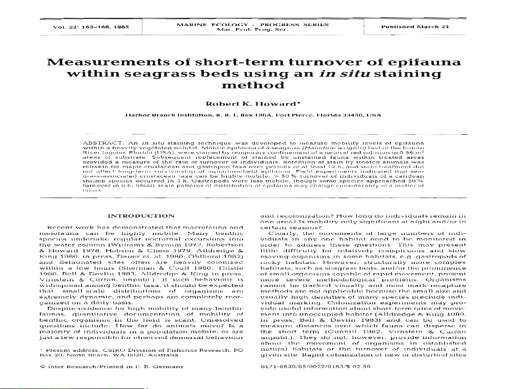 Measurements of Short-Term Turnover of Epifauna Within Seagrass Beds Using an in Situ Staining Method