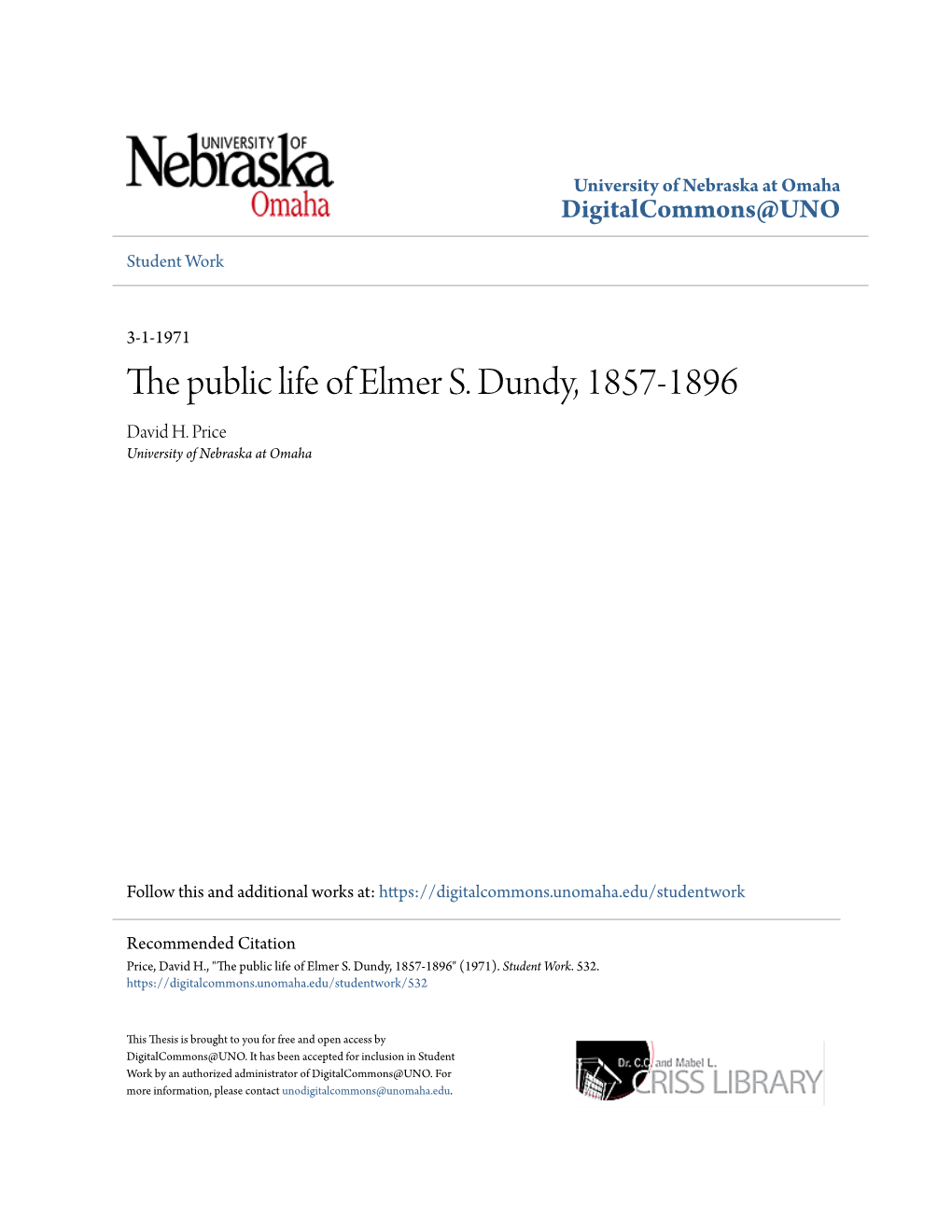 The Public Life of Elmer S. Dundy, 1857-1896 David H