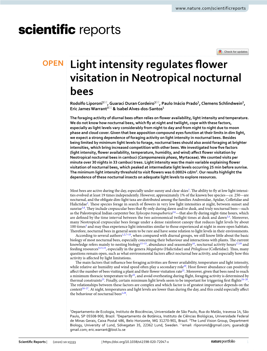 Light Intensity Regulates Flower Visitation in Neotropical Nocturnal