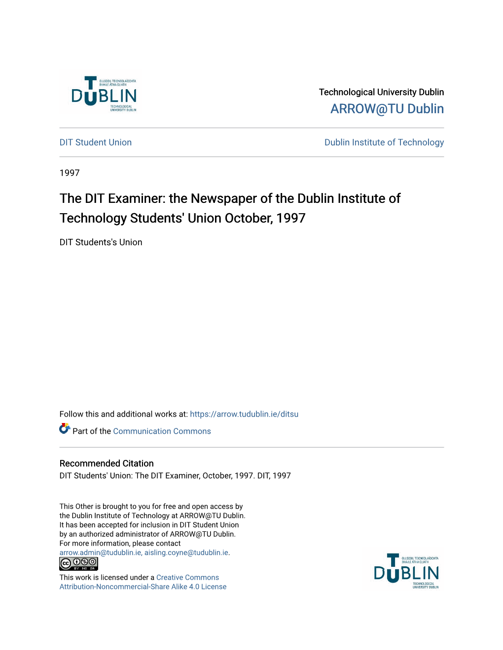 The DIT Examiner: the Newspaper of the Dublin Institute of Technology Students' Union October, 1997