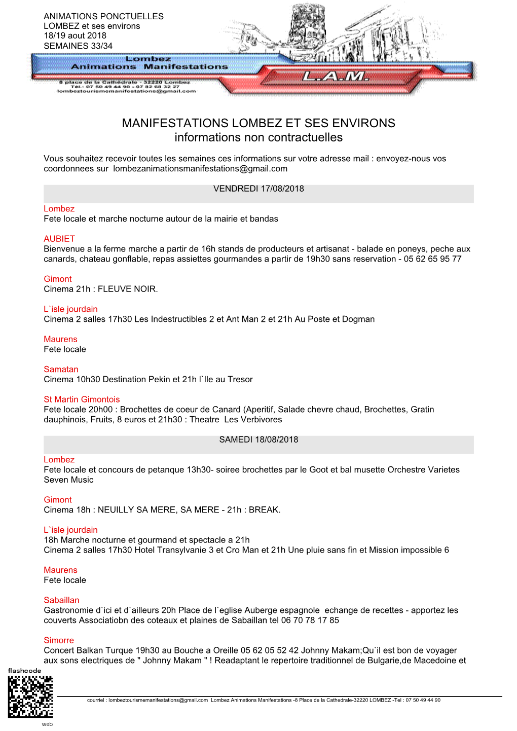 MANIFESTATIONS LOMBEZ ET SES ENVIRONS Informations Non Contractuelles