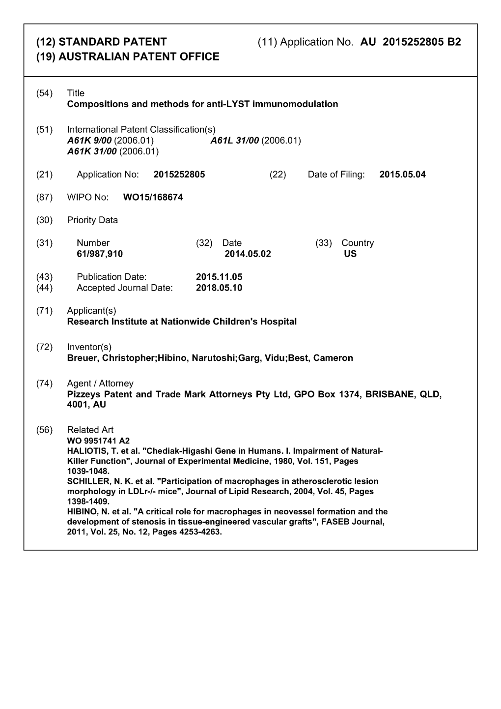 (12) STANDARD PATENT (11) Application No. AU 2015252805 B2 (19) AUSTRALIAN PATENT OFFICE