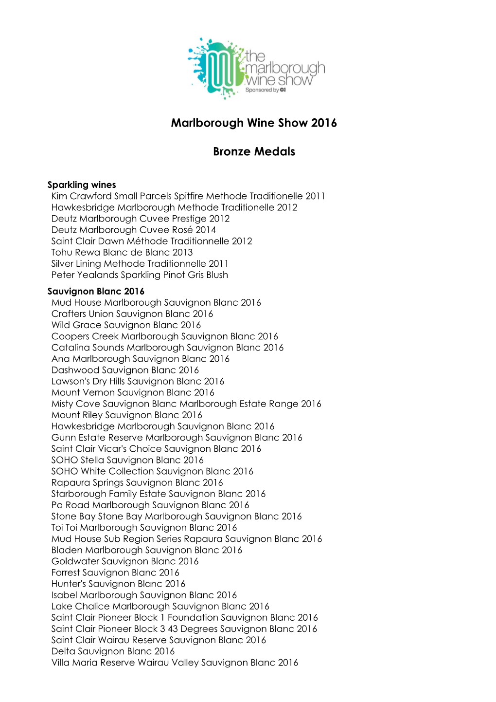 Marlborough Wine Show 2016 Bronze Medals