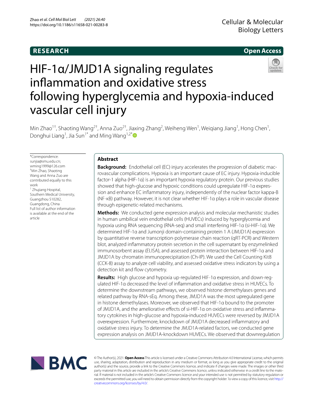 HIF-1Α/JMJD1A Signaling Regulates Inflammation and Oxidative Stress