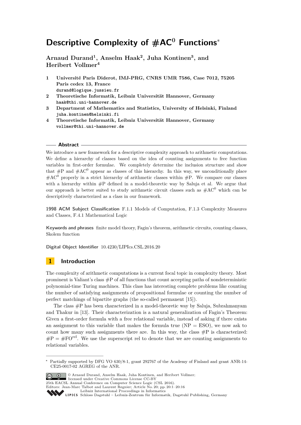 Descriptive Complexity of #AC0 Functions∗