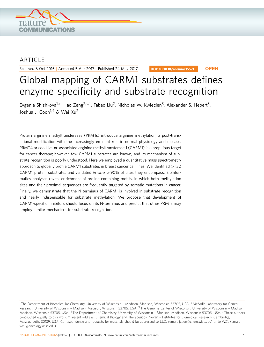 Global Mapping of CARM1 Substrates Defines Enzyme Specificity and Substrate Recognition