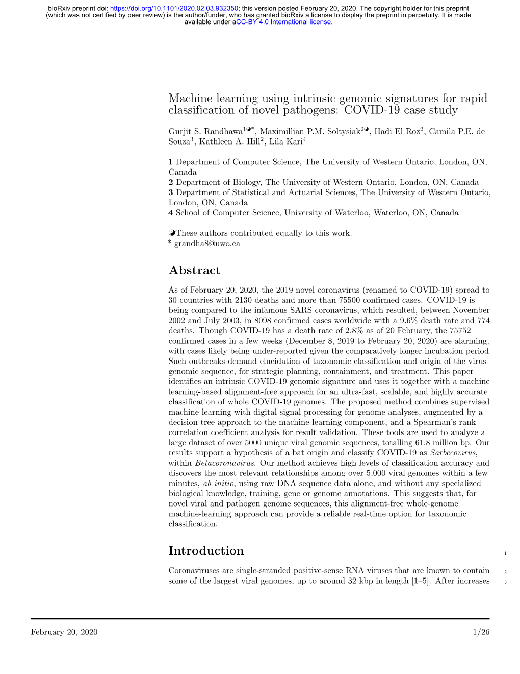 Machine Learning Using Intrinsic Genomic Signatures for Rapid Classification of Novel Pathogens: COVID-19 Case Study