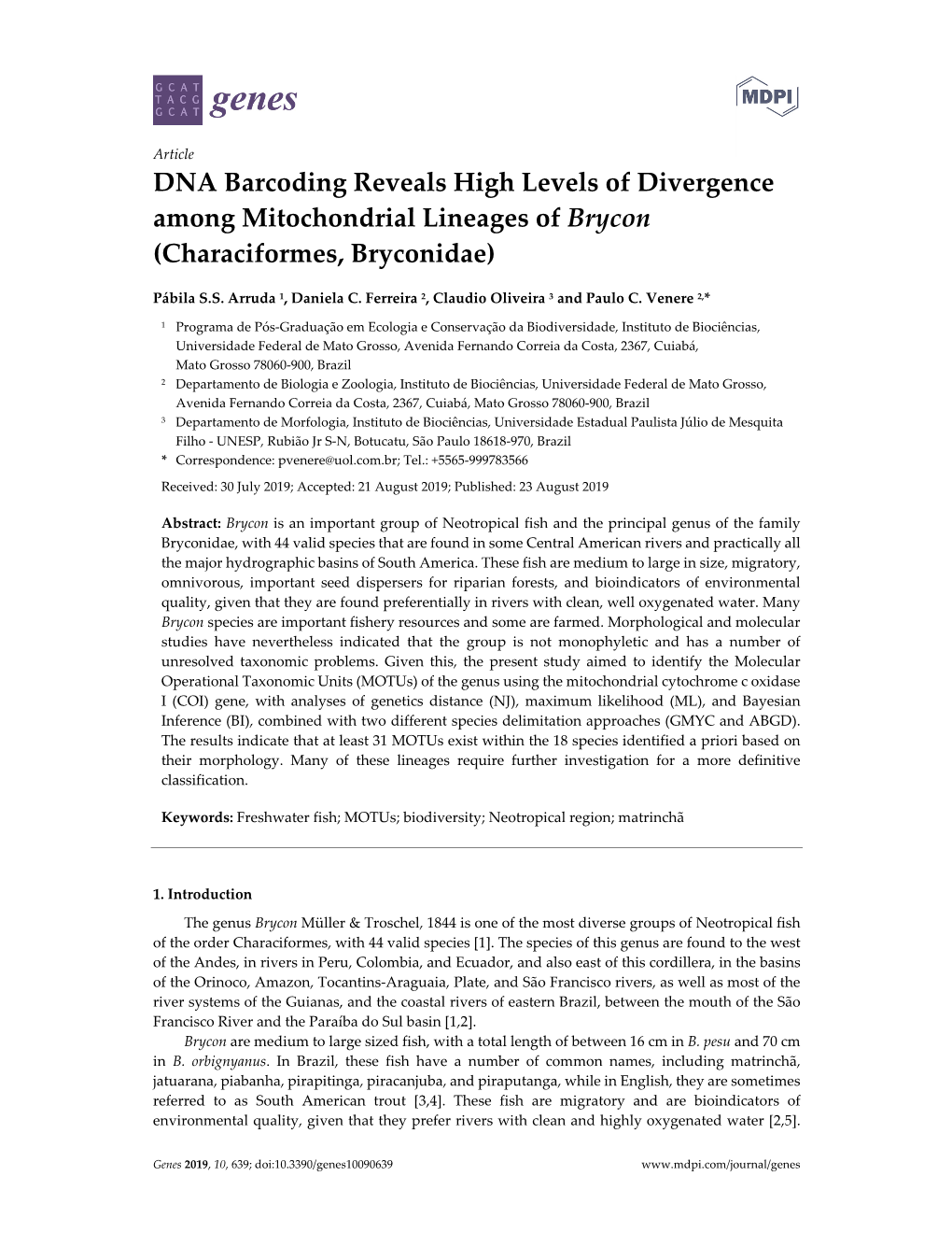 DNA Barcoding Reveals High Levels of Divergence Among Mitochondrial Lineages of Brycon (Characiformes, Bryconidae)