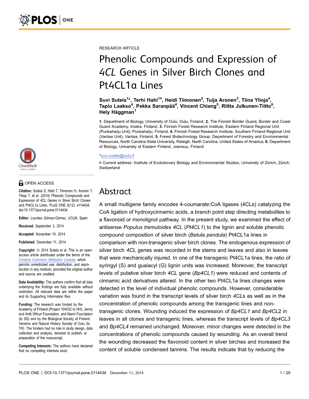 Phenolic Compounds and Expression of 4CL Genes in Silver Birch Clones and Pt4cl1a Lines