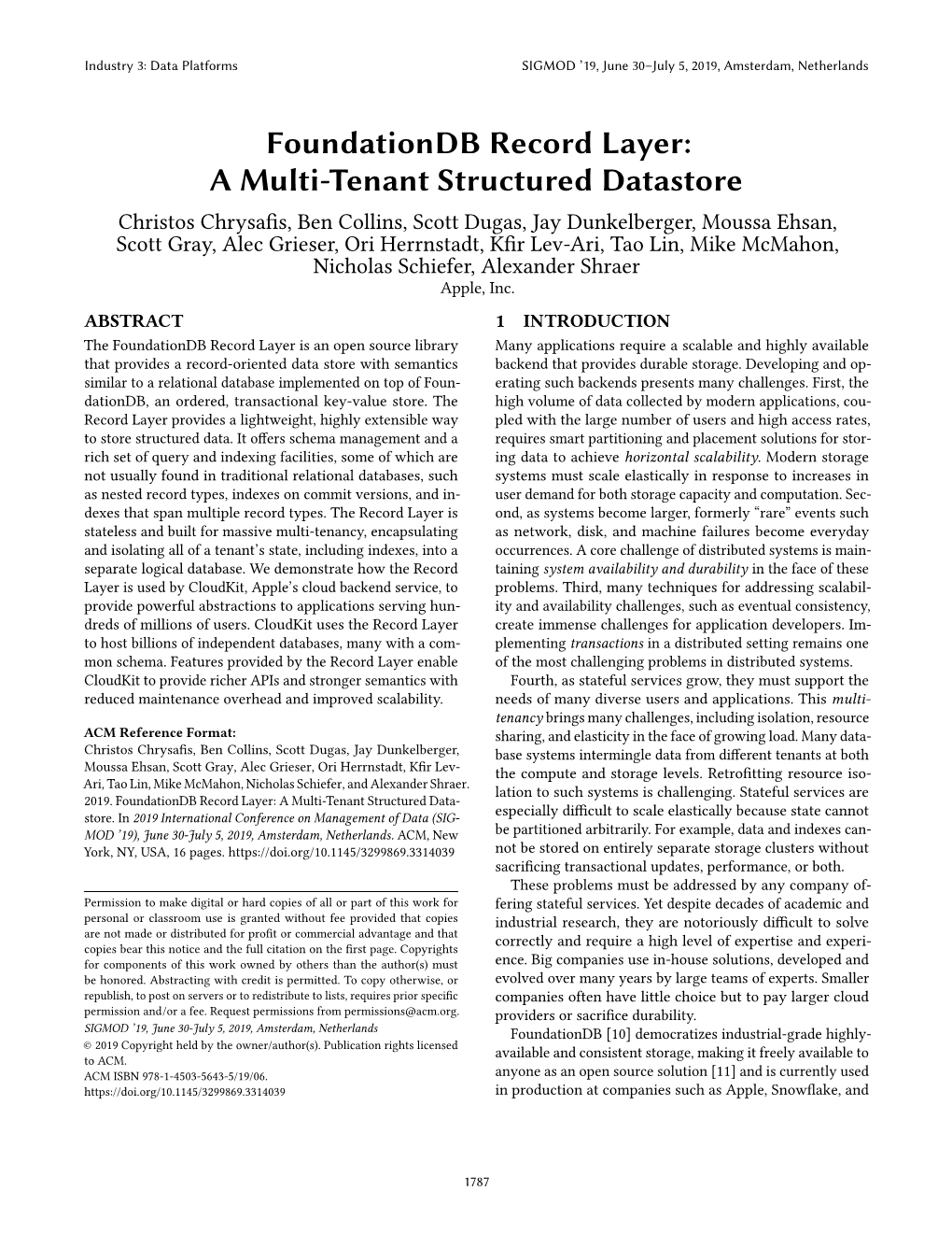 Foundationdb Record Layer: a Multi-Tenant Structured Datastore